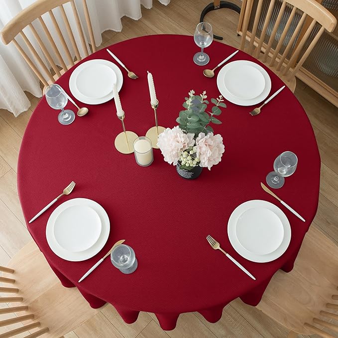 Biscaynebay 2 Pack Textured Fabric Round Tablecloths 60", Red Water Resistant Tableclothes Small Circle Folding Table Covers Linen for Dining, Kitchen, Wedding, Parties etc Machine Washable
