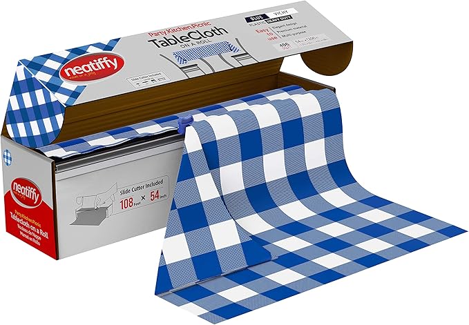 Blue Gingham Disposable Plastic Tablecover Roll, 54-Inch Wide