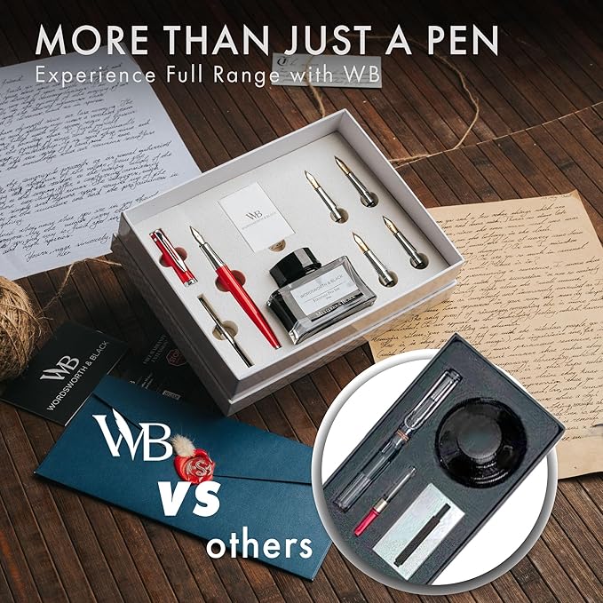 Wordsworth & Black Fountain Pen Gift Set, Includes Bottle, 6 Cartridges Refill Converter, 4 Replacement Nibs, Premium Package, Journaling, Calligraphy, Smooth Writing Pens [Red Chrome]