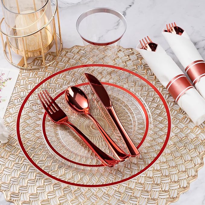 Party Plates Set in Red Plastic, 175 Pieces for 25 Guests