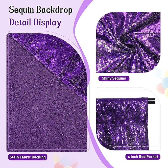 SquarePie Sequin Backdrop Curtain Not See Through Thick Glitter Background for Party 10FT x 10FT Purple
