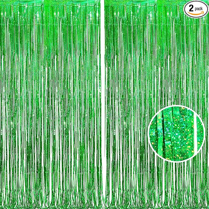 BRAVESHINE Green Metallic Tinsel Foil Fringe Curtains - 2 Pack 3.2 x 8.2 ft Metallic Photo Backdrop for Graduates-Theme/St Patricks Day/Hawaiian/Luau/Dinosaur/Jungle-Theme/Christmas Party Decorations