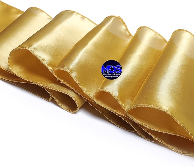 MDS Pack of 10 PCS Satin Chair Sashes Charmeuse Sateen Dining Chair Bows Ribbon Ties Back Sash for Wedding Party Birthday Home Hotel Restaurant Banquet Decoration (7 x 108 Inch, Gold)