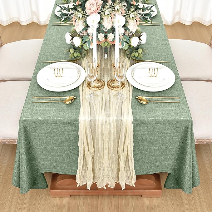 Fitable Faux Linen Tablecloths for Rectangle Tables: Water & Stain Resistant Farmhouse Table Cloth, Washable Burlap Textured Table Covers for Kitchen Dining Party(2 Pack, 60x102 Inch, Sage Green)