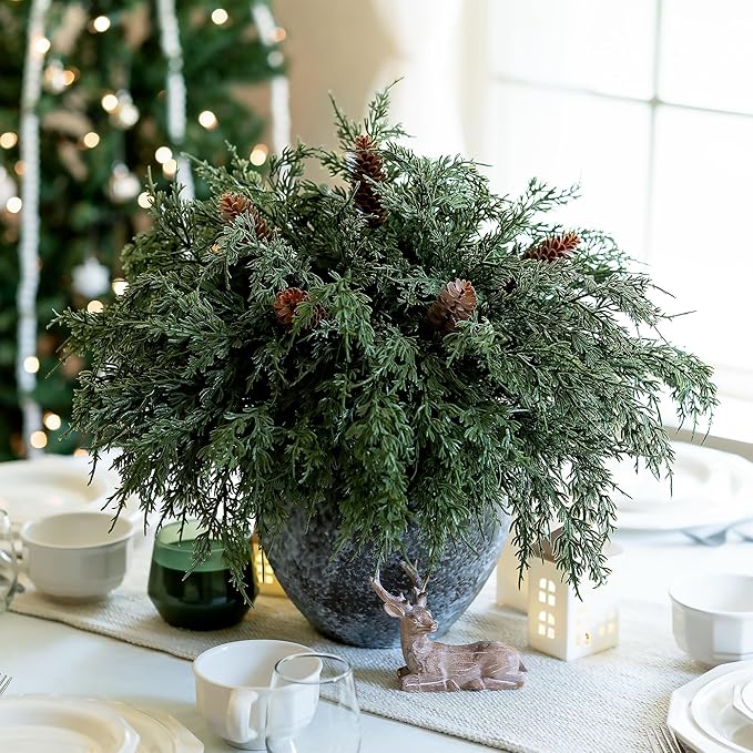 Artificial Pine Branches, 12 Cedar Stems and 5 Pinecone Stems, Plastic