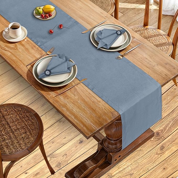 Ruvanti Linen Table Runner 120 Inches, Classic Hemstitch, Washable, Reusable, Non-Slipping, Stain Resistant- Perfect for Parties, Weddings, Dinners, Thanksgiving, Christmas, Indoor use – Grey