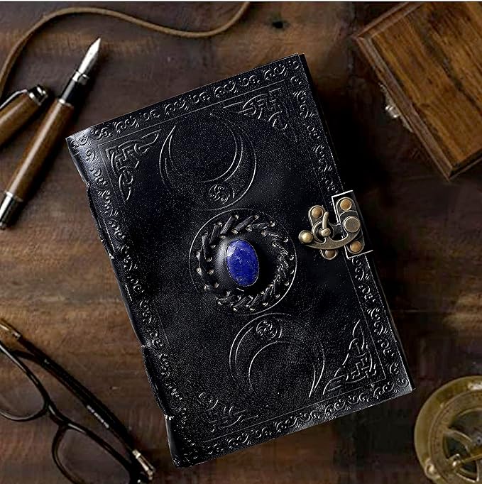 cuero 3 Moon Blue Lapiz Embossed Vintage Leather Journal for Men & Women - 140 Pages, Antique Handmade Deckle Edge Vintage Paper, Leather Journal Writing Notebook Dairy Gift (7 inch by 10 inch, Black)