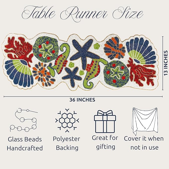 Handmade Beaded Coastal Table Runner -36" Ocean Theme Table Decor with Starfish, Seahorse, Coral, Shells -Nautical Table Centerpiece for Summer, Beach House, or Tropical Décor (Multi) - CLEENTABLE