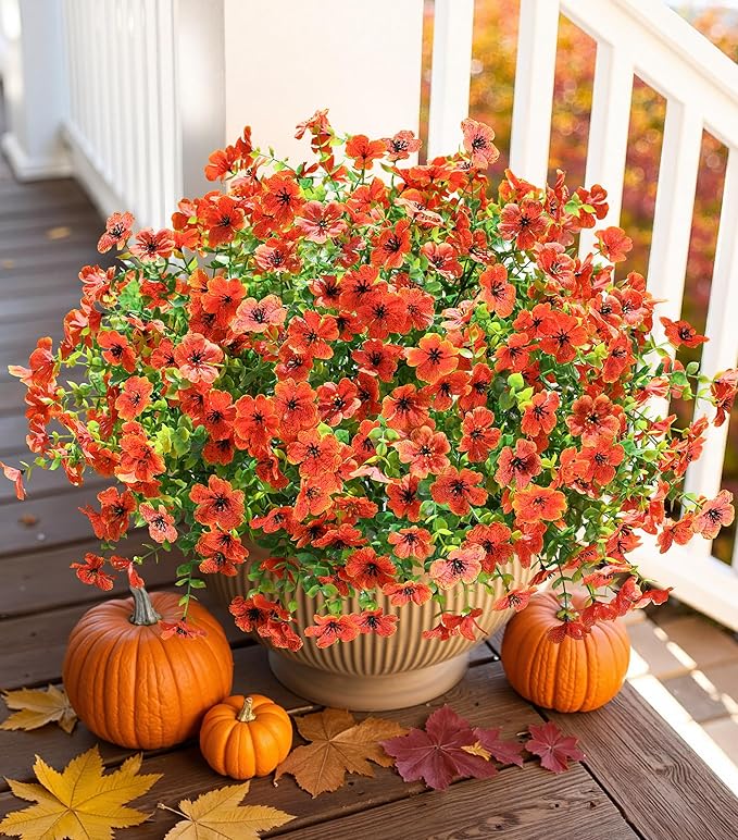 HyeFlora Artificial Fall Flowers Faux Mums for Outdoor Indoor Garden Home Decoration, Faux Flower Daisy with Eucalyptus Leaves Fake Mums Plants Greenery Boxwood Porch Patio, 12 Bundles (Orange)