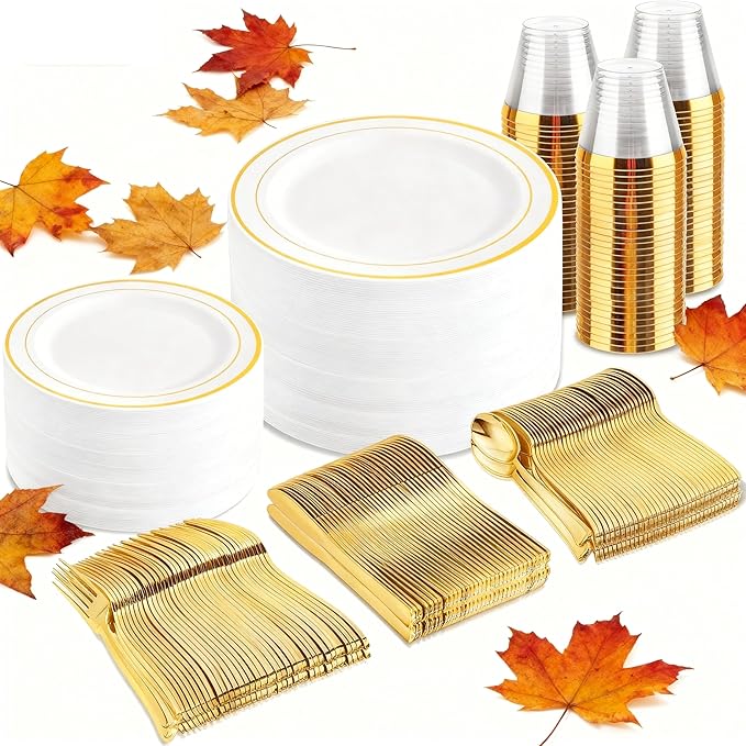 Plates: 300 Count White Plastic Round Disposable Party Plates with Gold Trim