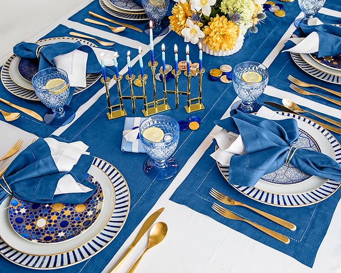 Solino Home Linen Indigo Blue Table Runner 90 Inches Long - 100% Pure Linen 14 x 90 Inch Table Runner for Fall, Autumn, Christmas - Classic Hemstitch