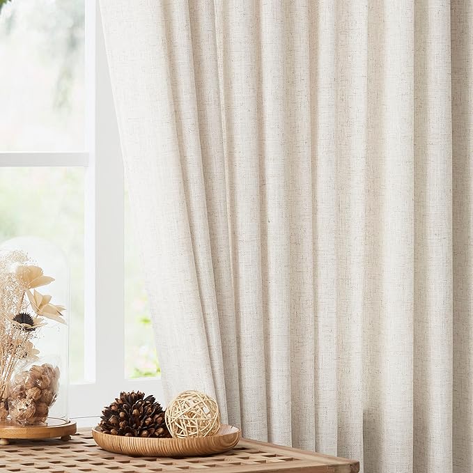 Vision Home Natural Pinch Pleated Semi Sheer Curtains Textured Linen Blended Light Filtering Window Curtains 112 inch for Living Room Bedroom Patio Pinch Pleat Drapes with Hooks 1 Panel 60" Wx112 L