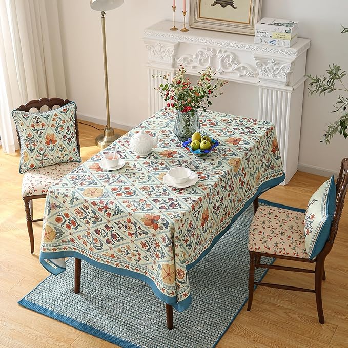Tablecloth, 55 x 79 Inch Rectangular Floral Linen-Polyester Blend