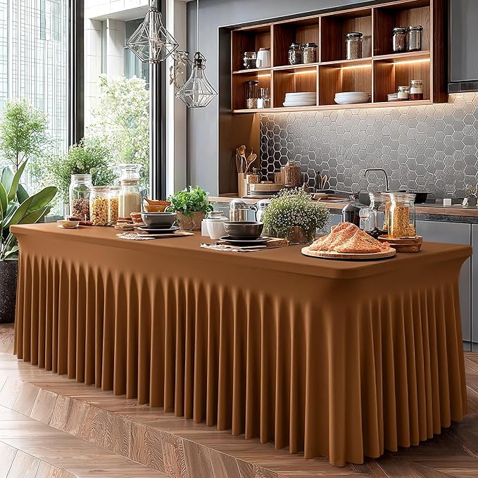Wish Care 2 Pack Brown Spandex Table Clothes for 4 Foot Rectangle Tables, 4FT Wrinkle Free Fitted Tablecloths Ruffles Design Table Cover for Party, Banquet, Wedding and Events