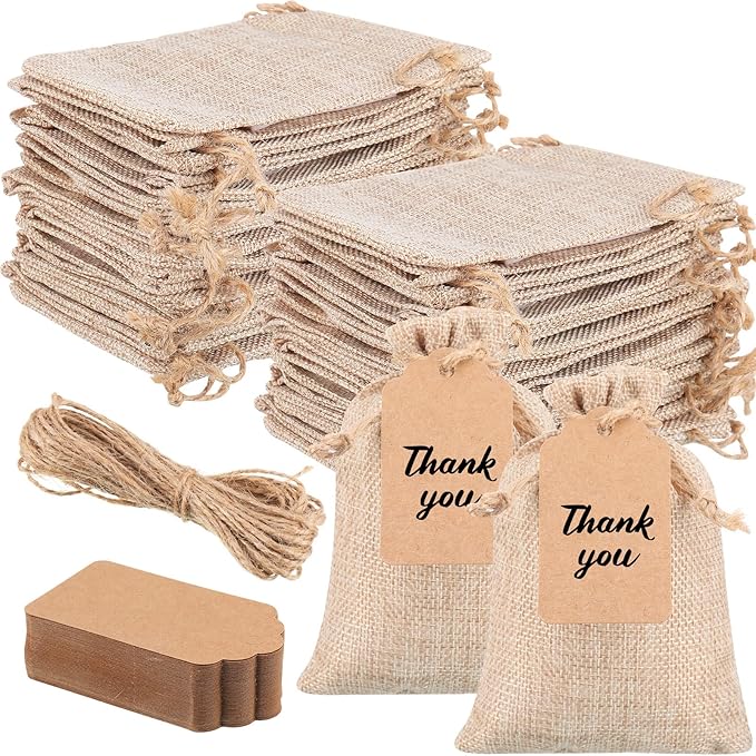 Burlap Gift Bags with Drawstring and Kraft Gift Tags, 100 Pack Beige