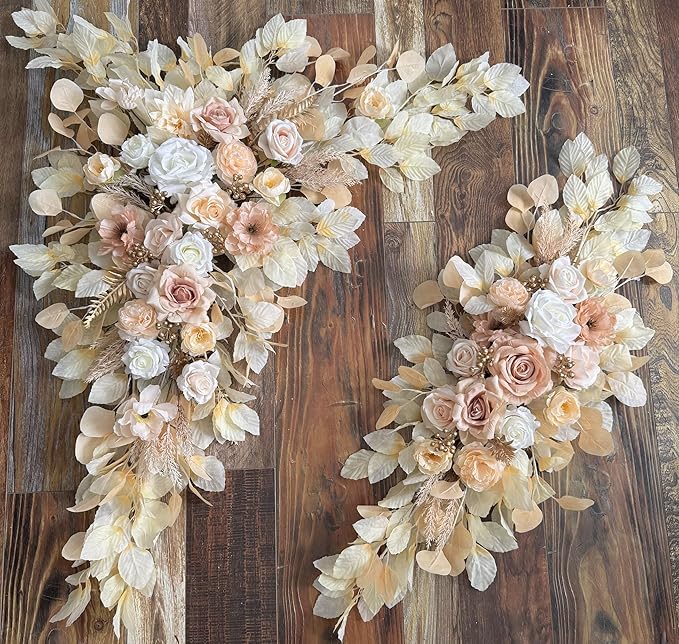 Artificial Flowers Kit for Wedding Arch, Beige Silk Roses with Drapes