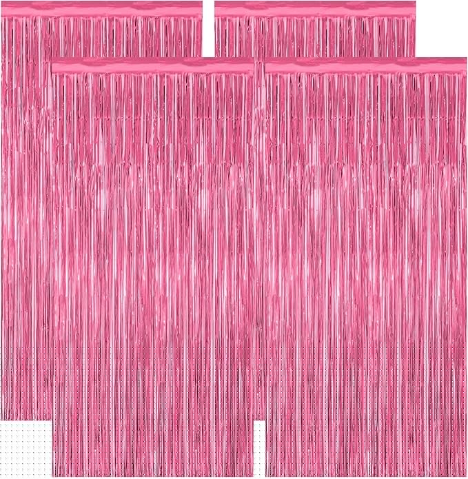 4 Pack Birthday Decorations, 3.28 FT x 7.05 FT Pink Backdrop, Metallic Happy Birthday Backdrop Fringe Curtains Party Streamer, Bachelorette Party Decorations Princes Birthday Party Decor