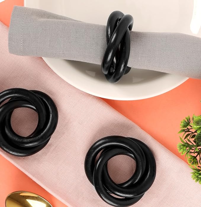 Three Ring Wooden Napkin Rings Set of 12 - Acacia Wood Interlocked Napkin Holder Cuffs for Dinner Table Décor - Rustic Modern Serviette Rings for Weddings, Parties, Receptions (Black) - CLEENTABLE