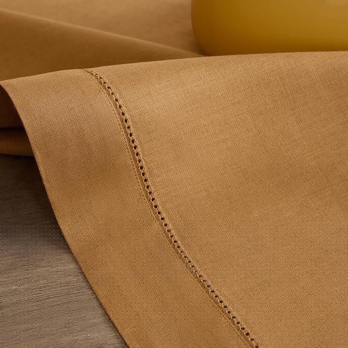 Solino Home Linen Brown Sugar Table Runner 120 Inches Long - 100% Pure Linen 14 x 120 Inch Table Runner for Fall, Autumn, Thanksgiving - Classic Hemstitch