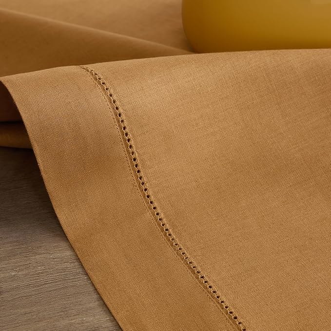 Solino Home Linen Table Runner 60 Inches - 100% Pure Linen Brown Sugar Hemstitch Table Runner 14 x 60 Inch Ideal for Dresser and Coffee Tables - Fall, Thanksgiving - Classic Hemstitch