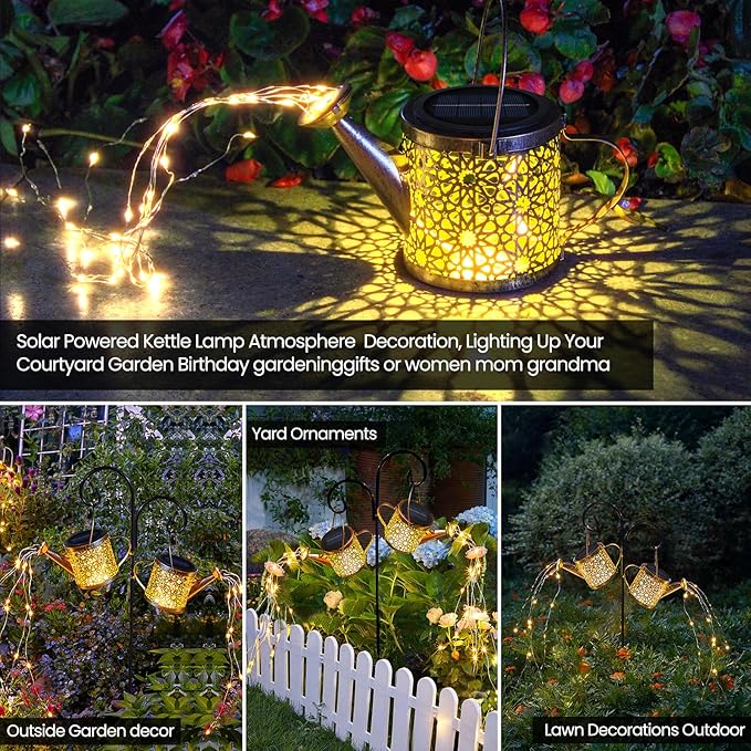 String Lights Solar Watering Can Garden Decor, Warm White Metal