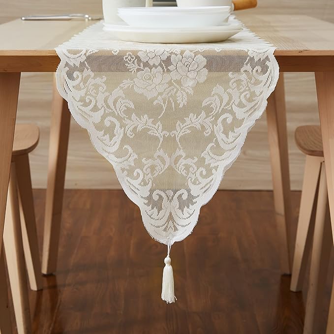 LinenZone Ivory Table Runner with 2 Tassels for Rustic Vintage Decor. Lace Table Runner Works Great As Wedding, Thanksgiving, Christmas Decor (Mia 14 x 36, Ivory)