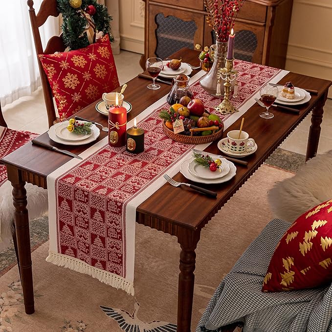 Table Runners 83 Inches,Christmas Tree Table Runner with Tassel Fringe,Gift Table Runner for Party，Coffee Table, Festival
