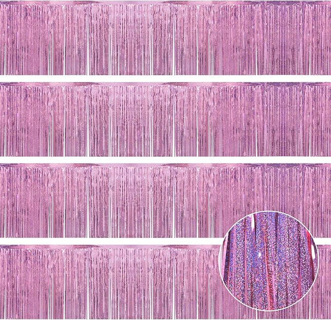 Laser Pink Birthday Decorations Tinsel Garland Parade Float Decorations for Trailer 4Pack 12FT Girls Womens Party Decor Ceiling Fringe Banner Pink Backdrop for Streamers Party Decorations