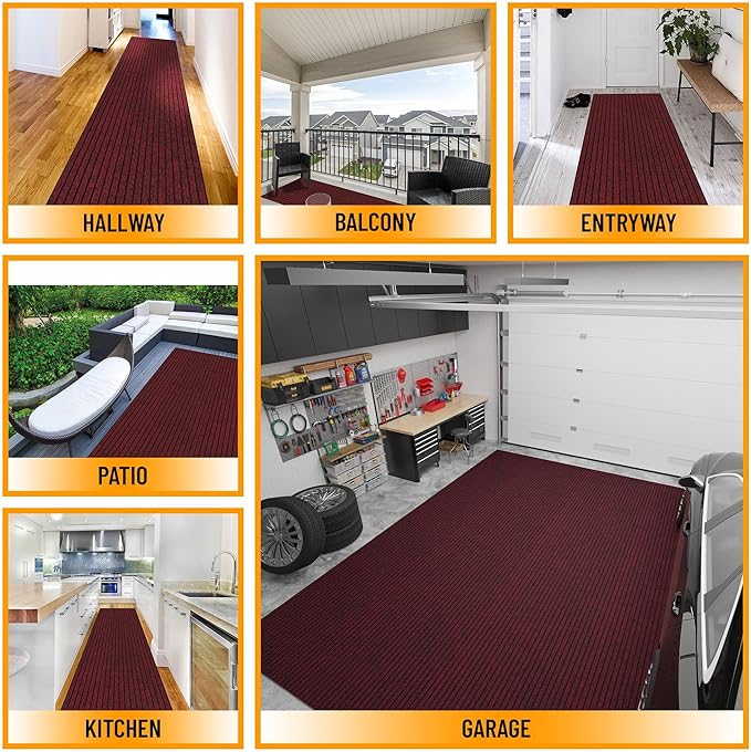 Ottomanson 2' x 10' Hallway Runner with Scraper Pile - Extra Durable Non-Slip Rug Mat for Indoor & Outdoor Use - Ideal for Kitchen, Entryway, Patio & Garage - High-Traffic Carpet, Red