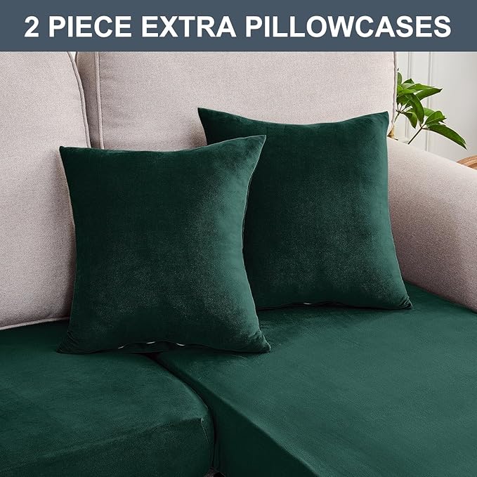Sofa Slipcovers 4-Piece Stretch Velvet Set, 3-Seater + Chaise Green