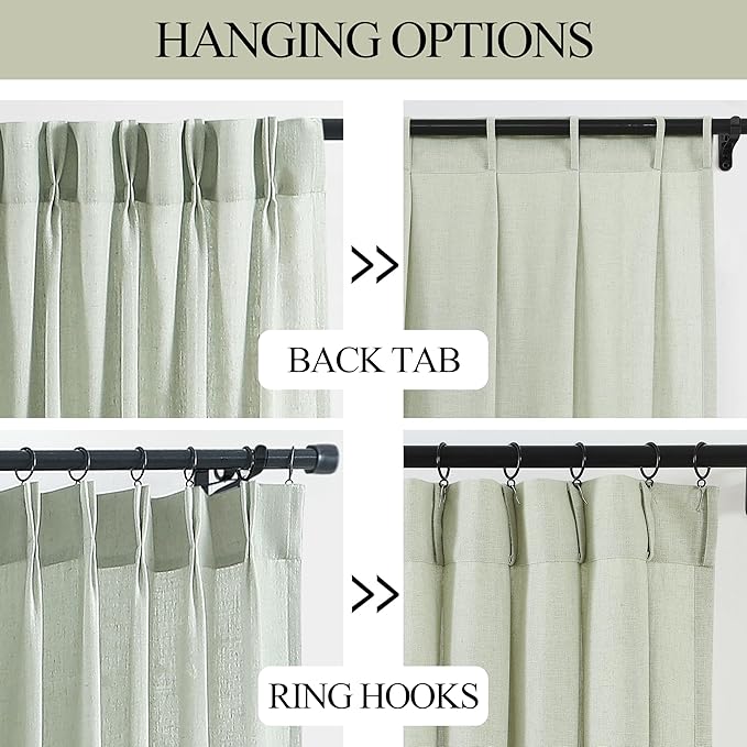 Vision Home Light Green Pinch Pleated Semi Sheer Curtains Textured Linen Blended Light Filtering Window Curtains 72 inch for Living Room Bedroom Pinch Pleat Drapes with Hooks 2 Panels 40" Wx72 L