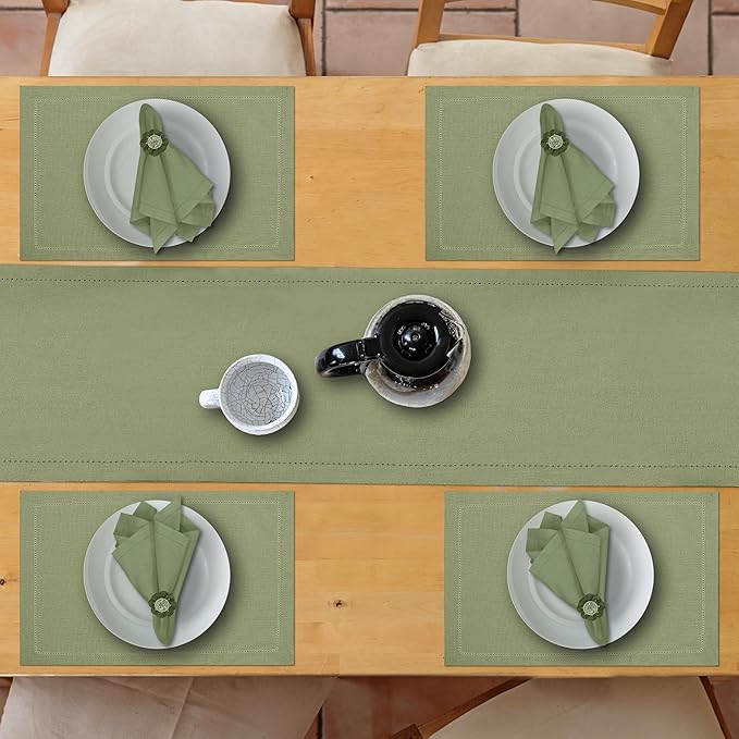 Ruvanti Linen Table Runner 90 Inches, Classic Hemstitch, Washable, Reusable, Non-Slipping, Stain Resistant- Perfect for Parties, Weddings, Dinners, Thanksgiving, Christmas, Indoor use – Olive