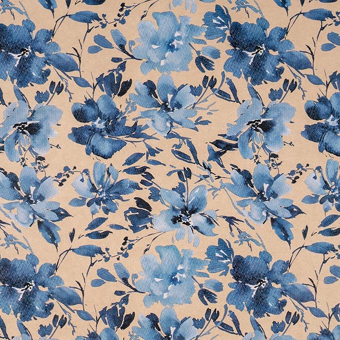 RUSPEPA Blue Floral Gift Wrapping Paper, Indigo Gift Wrap, Watercolor Flower Kraft Paper Roll, Mini Roll Wrapping Paper for Girls, Women, Spring and Birthday, 17 in x 32.8 ft