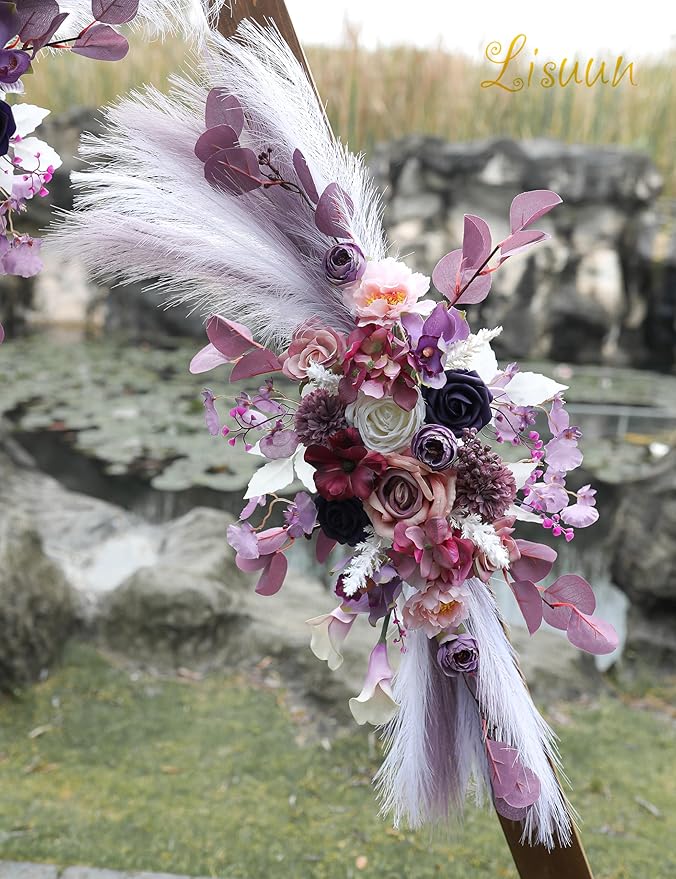 Artificial Flowers Wedding Arch Swag, Purple Peony and Pampas Grass, 40 Inch