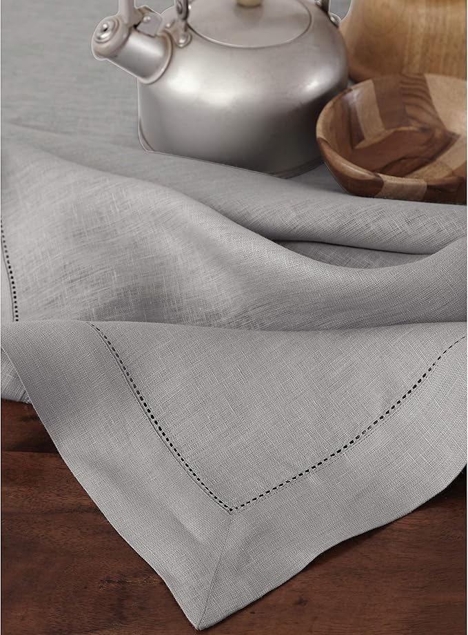 Solino Home Linen Soft Grey Tablecloth 60 x 132 Inch - Classic Hemstitch, 100% Pure Linen Rectangular Tablecloth - Machine Washable Table Cloth for Fall, Autumn, Thanksgiving, Christmas