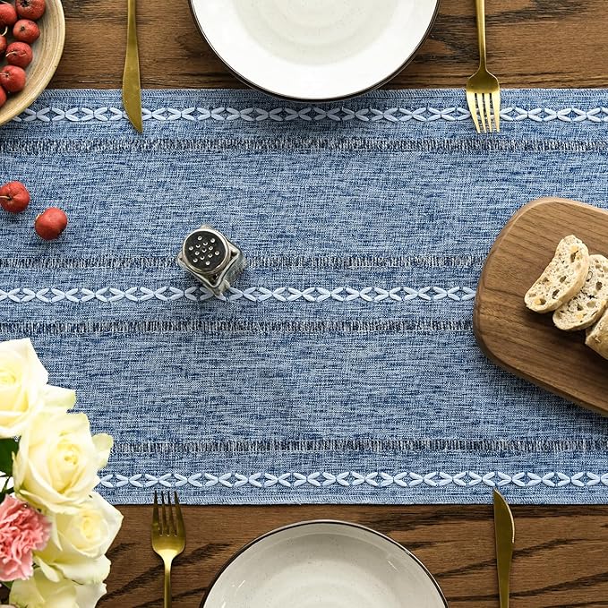 Artoid Mode Blue Rustic Cotton Linen Table Runner, Seasonal Embroidered Hollow Kitchen Dining Table Decoration for Home Party Decor 13x36 Inch