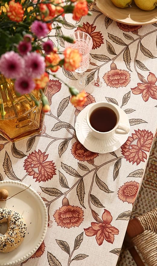 Rectangular Tablecloth 55x71 Inch Linen Blend Hand-Painted Floral Orange