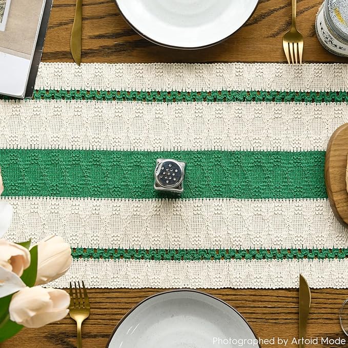 Artoid Mode Dark Green Farmhouse Woven Rustic Table Runner, Seasonal Holiday Hollow Kitchen Dining Table Decoration for Home Party Decor 12x72 Inch