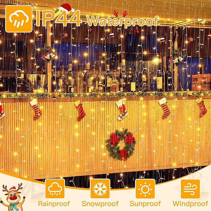 Ollny Curtain Lights 6.6x6.6ft, 200 LED String Lights with Remote 8 Modes Dimmable Timer, USB Power Fairy Light for Bedroom Backdrop Indoor Wall Window Wedding Decor, Warm White