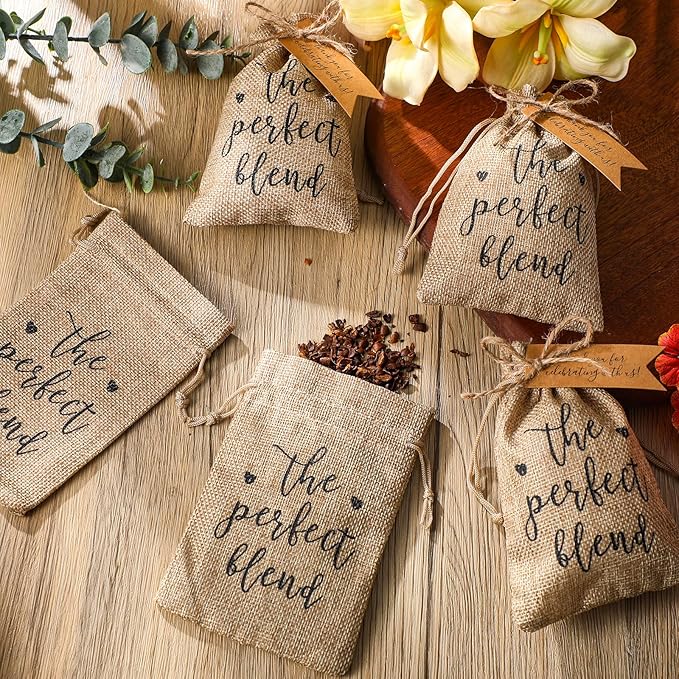 Gift Bags, 50 Brown Drawstring Jute Bags with Thank You Cards