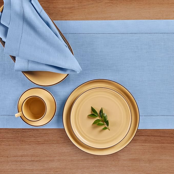 Solino Home Linen Cornflower Blue Table Runner 108 Inches Long - 100% Pure Linen Hemstitch 14 x 108 Inch Table Runner for Dining, Christmas, Holiday - Classic Hemstitch