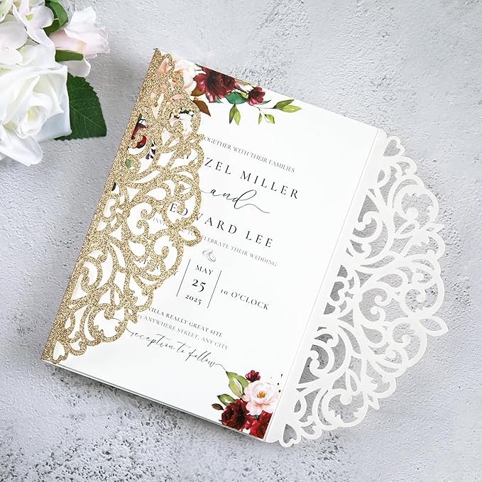 20Pcs Gold Glitter Laser Cut Invitation Cards With Blank Inner Sheets for Wedding Cards Bridal Shower Engagement Quinceanera Invitation (No Envelopes)