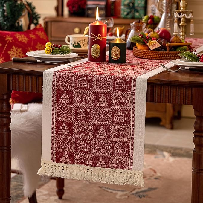 Table Runners 95 Inches,Christmas Tree Table Runner with Tassel Fringe,Gift Table Runner for Party，Coffee Table, Festival