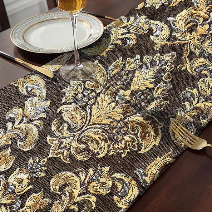 Dark Brown Coffee Table Runner Chenille Retro Golden Flowers 98 inches Long