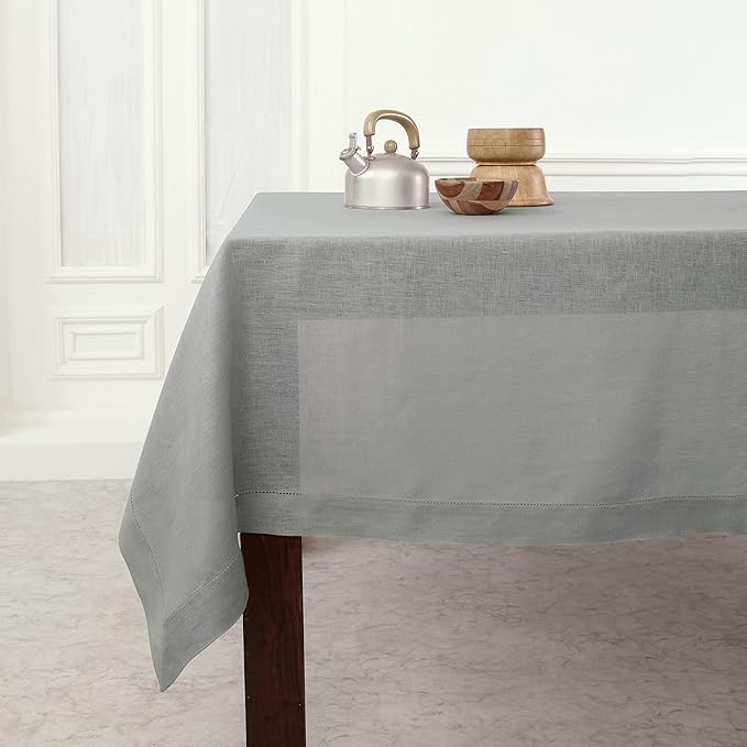 Solino Home Linen Tablecloth 60 x 108 Inch - Classic Hemstitch 100% Pure Linen Soft Grey Table Cloth for Rectangle Tables - Machine Washable Tablecloth for Fall, Autumn, Thanksgiving, Christmas