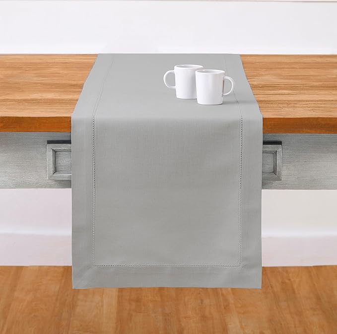 Solino Home Cotton Linen Light Grey Table Runner 72 Inches Long - Hemstitch Table Runner 14 x 72 Inch for Dresser, Dining, Fall, Autumn, Halloween, Thanksgiving, Christmas, Holiday