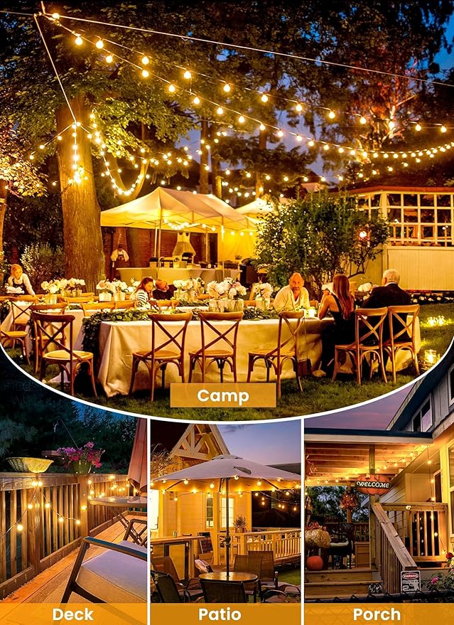 String Lights, 109 Ft Outdoor LED Patio Lights with 50 Warm White Bulbs
