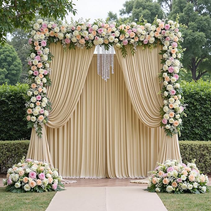 20ftx12ft Wrinkle Free Beige Backdrop Curtain, 4 Panels 12FT Height Beige Wedding Backdrop Drapes, Silky Polyester Back Drop Cloth for Birthday Photography Background Party Backdrop Draping