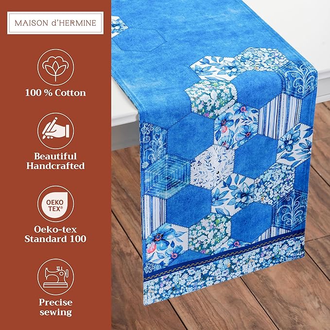 Maison d' Hermine Table Runner 100% Cotton Double Layer Table Runners 72 inches Long Decorative for Home Kitchen Dining Party Wedding Bridal Shower Spring Summer (Summer Blues, 14.50" x 72")