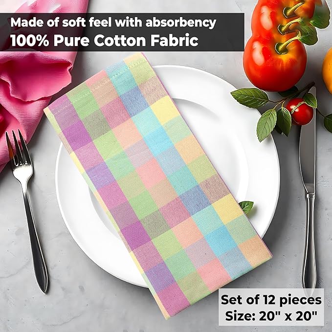 Cloth Napkins Set of 12, Square 100% Cotton, Easter Checks